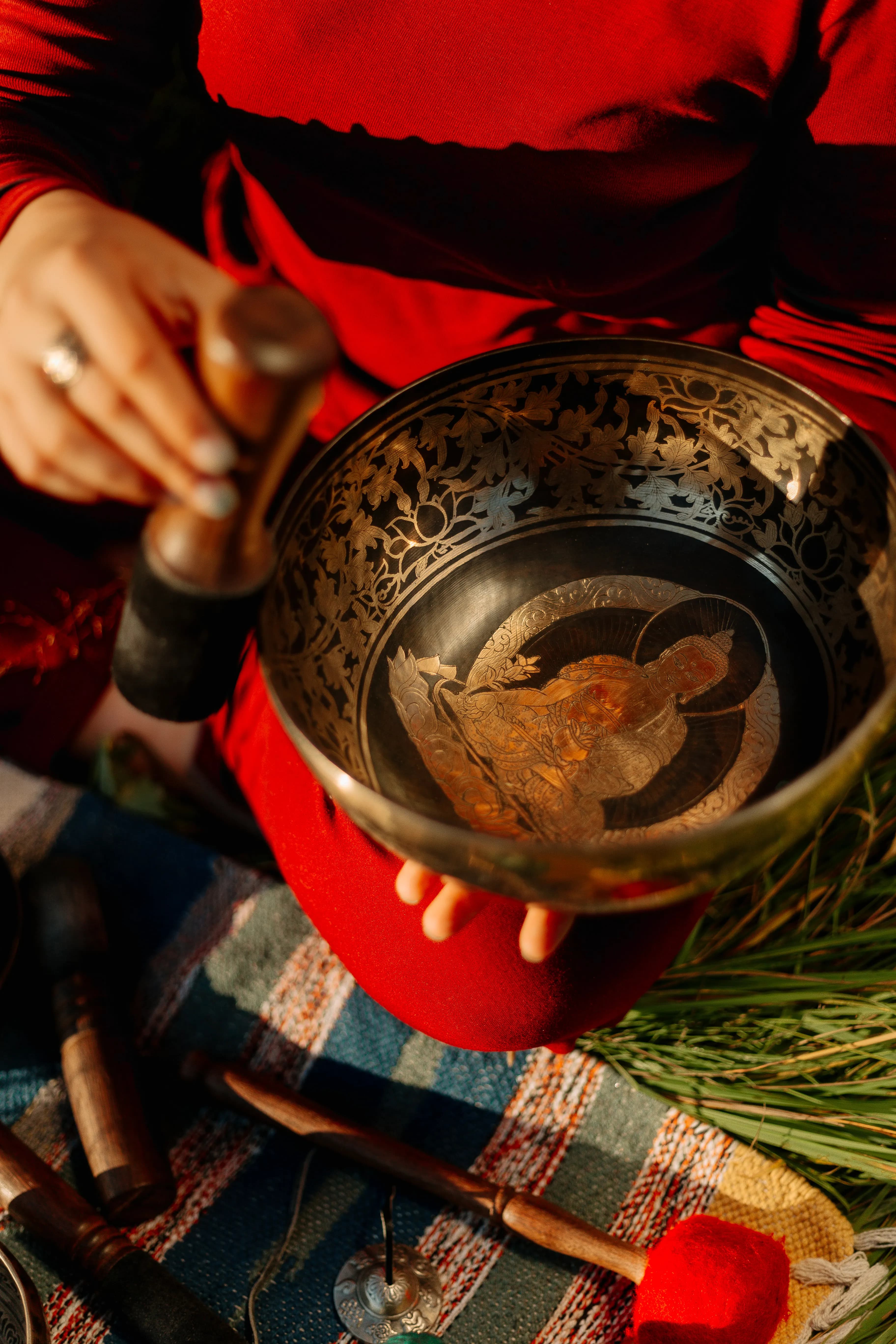Handcrafted Tibetan singing bowl in an outdoor setting